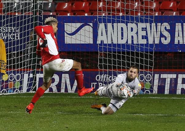 Picture by Gareth Williams/AHPIX.com; Football; Emirates FA Cup; Charlton Athletic v Mansfield Town; 20/11/18  KO 19:45; The Valley; copyright picture; Howard Roe/AHPIX.com; Mansfield keeper Bobby Olejnik claims at the second attempt with Charlton's Lyle Taylor lurking