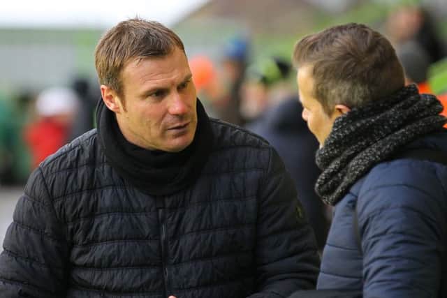 Picture by Gareth Williams/AHPIX.com; Football; Sky Bet League Two; Forest Green Rovers v Mansfield Town; 15/12/18 KO 15:00; The New Lawn; copyright picture; Howard Roe/AHPIX.com; Mansfield boss David Flitcroft chats to his opposite number Mark Cooper ahead of the match at Forest Green Rovers