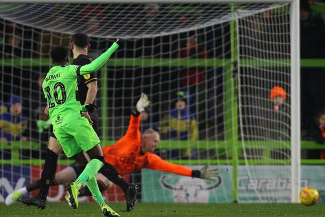 Picture by Gareth Williams/AHPIX.com; Football; Sky Bet League Two; Forest Green Rovers v Mansfield Town; 15/12/18 KO 15:00; The New Lawn; copyright picture; Howard Roe/AHPIX.com; Rover's Reece Brown fires a shot on the Mansfield goal as keeper Conrad Logan scrambles across