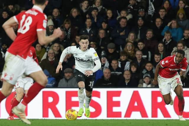 Action from the second half between Derby County vs Nottingham Forest at Pride Park Stadium Derby - Final Score 0 - 0 - 17-12-18 - image Jez Tighe