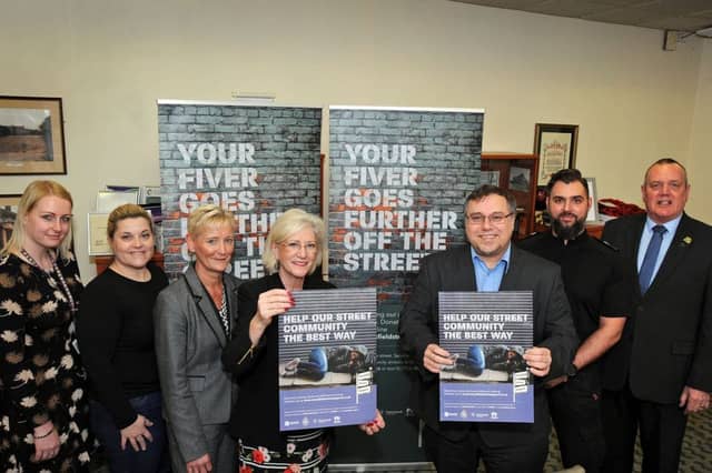 Mansfield District Council who helped launch a joint project with Mansfield Police, BID and Framework, hosted representatives on Monday for an intiative to inform members of the public how best to support the homeless, pictured with the Executive Mayor, Kate Allsop, fourth left, are from left, Mallory Faulkner MDC's Engagement and Development officer in the homeless department, Nikki Rolls the BID Chief Executive Officer, Elaine Quince MDC Community Safety manager, Jon Leighton from Framework Housing Association, Sgt. Paul Peatfield and Coun. Bill Drewett portfolio holder for Safe Communities.