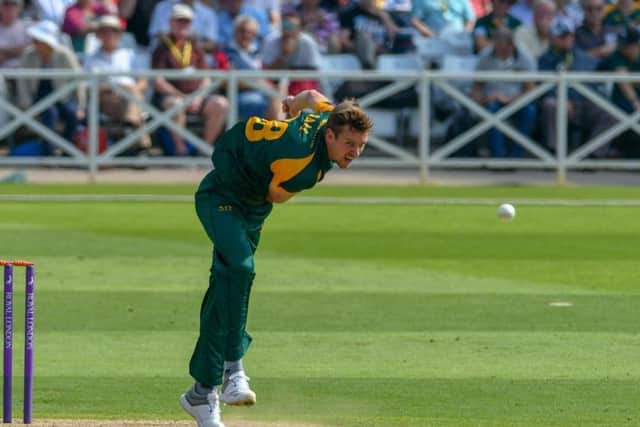 Notts seamer Jake Ball pictured in action. Pic by Simon Trafford.
