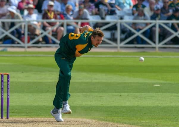 Notts seamer Jake Ball pictured in action. Pic by Simon Trafford.
