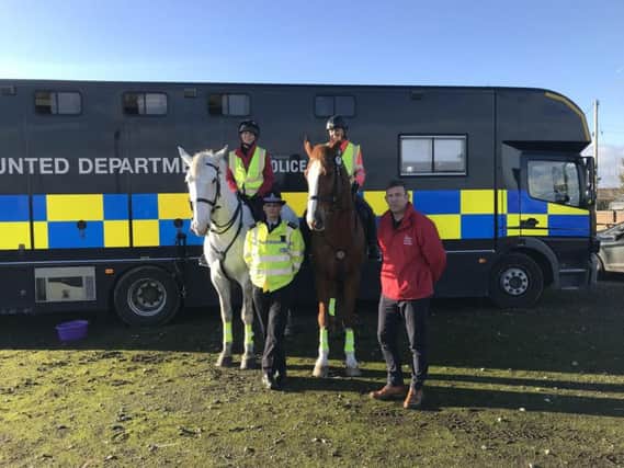 Two mounted officers from South Yorkshire Police with Chief Inspector Clarke and Des Payne.