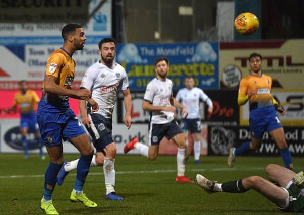 Picture Andrew Roe/AHPIX LTD, Football, EFL Sky Bet League Two, Mansfield Town v Bury, One Call Stadium, 26/12/18, K.O 3pm

Mansfield's CJ Hamilton heads his side infront

Andrew Roe>>>>>>>07826527594