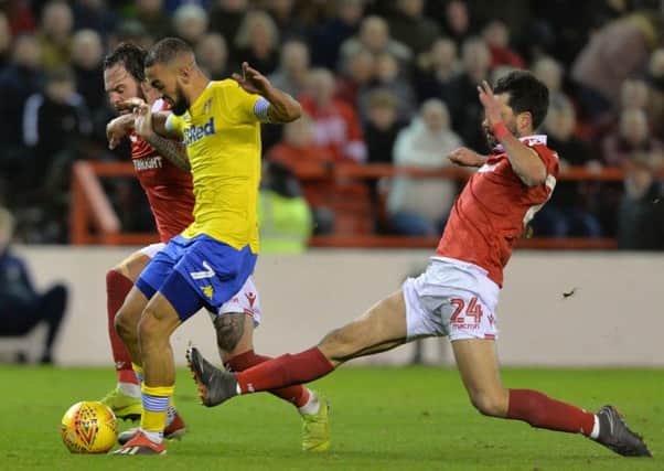 Kemar Roofe is closed down by Cluadio Yacob.
Nottingham Forest v Leeds United.  City Ground.  SkyBet Championship.
1 January 2019.  Picture Bruce Rollinson