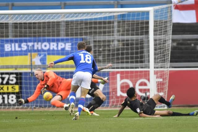 Carlisle United's Jack Sowerby opens the scoring for his side: Picture by Steve Flynn/AHPIX.com, Football: The Skybet League 2 match Carlisle United -V- Mansfield Town at Brunton Park, Carlisle, Cumbria, England copyright picture Howard Roe 07973 739229