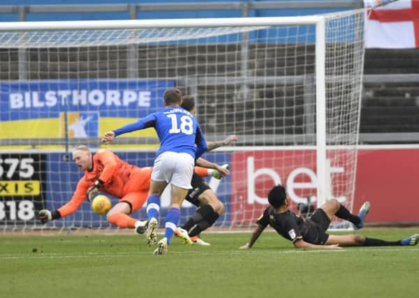 Carlisle United's Jack Sowerby opens the scoring for his side: Picture by Steve Flynn/AHPIX.com, Football: The Skybet League 2 match Carlisle United -V- Mansfield Town at Brunton Park, Carlisle, Cumbria, England copyright picture Howard Roe 07973 739229