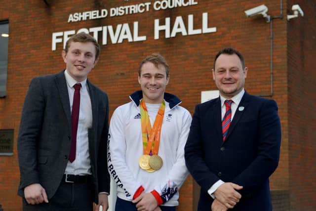 Ashfield District Council annouce plans for new leisure provision for Kirkby-In-Ashfield, pictured are Coun Tom Hollis, Paralympic swimming gold medalist, Ollie Hynd and Coun Jason Zadrozny