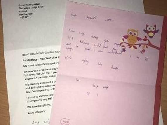 The letter, written by six-year-old Izzy Vardy from Annesley. Picture: Notts Police