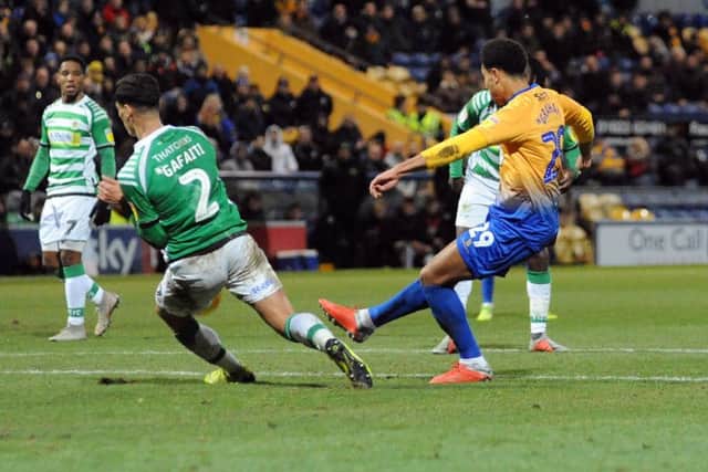 Mansfield Town v Yeovil TownJordan Graham takes on a shot in the second half.