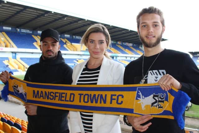 New signings Jorge Grant (right) and Nicky Ajose with Stags' chief executive Carolyn Radford.