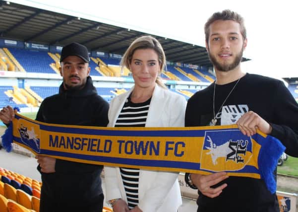 New signings Jorge Grant (right) and Nicky Ajose with Stags' chief executive Carolyn Radford.