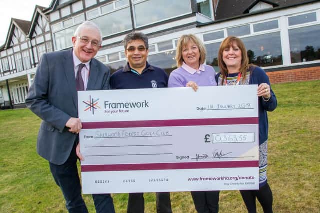 Members of Sherwood Forest Golf Club present the cheque to Framework, from left: Chris Senior (fundraisng and communications manager for Framewor), Dr Milind Tadpatrikar (men's captain), Joanna Smith (ladies' captain). Michelle Hanson (manager of Frameworks Sherwood Street). Photo: Neil Skinner