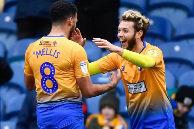 Mansfield Town's goalscorer Jorge Grant celebrates with  Jacob Mellis: Picture by Steve Flynn/AHPIX.com, Football: Skybet League Two  match Mansfield Town -V- Tranmere Rovers at One Call Stadium, Mansfield, Nottinghamshire, England on copyright picture Howard Roe 07973 739229