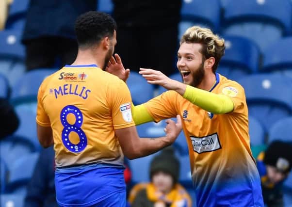 Mansfield Town's goalscorer Jorge Grant celebrates with  Jacob Mellis: Picture by Steve Flynn/AHPIX.com, Football: Skybet League Two  match Mansfield Town -V- Tranmere Rovers at One Call Stadium, Mansfield, Nottinghamshire, England on copyright picture Howard Roe 07973 739229