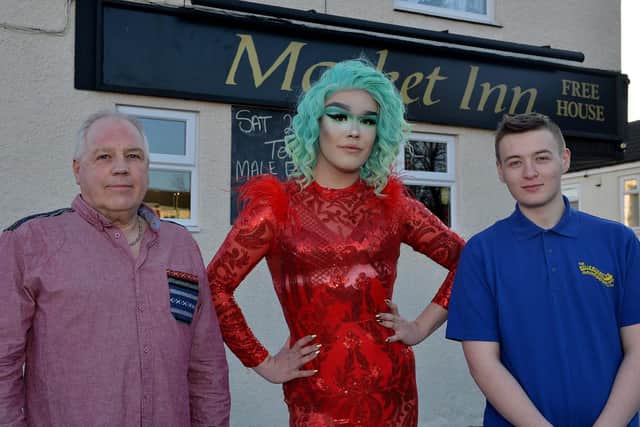 Drag queen events at The Market Inn, Huthwaite,  pictured are from left landlord Steve Alderman, The Myst and Anthony Davies of Rollercoaster Events
