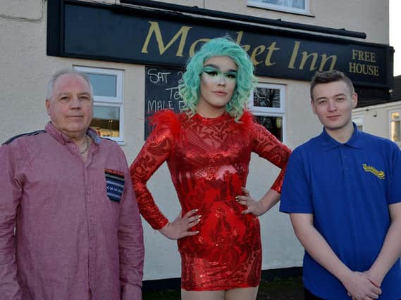 Drag queen events at The Market Inn, Huthwaite,  pictured are from left landlord Steve Alderman, The Myst and Anthony Davies of Rollercoaster Events