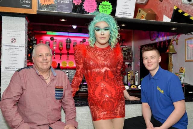 Drag Queen events at The Market Inn, Huthwaite,  pictured are from left landlord Steve Alderman, The Myst and Anthony Davies of Rollercoaster Events
