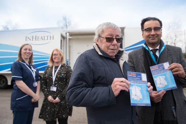 Pictured left to right at the mobile lung scanner in Strelley: Members of the Citycare respiratory team, Joanne Adkin and Emma Waring Bill Simpson (from Bulwell) who was diagnosed with early stage lung cancer in October 2017 and has been successfully treated.Dr Safiy Karim, CCG Cancer Lead for Nottingham City