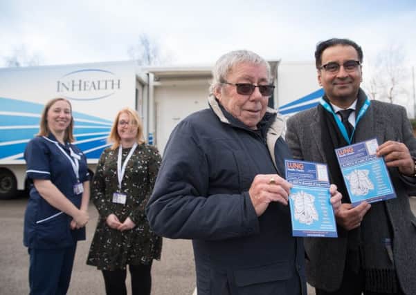 Pictured left to right at the mobile lung scanner in Strelley: 
Members of the Citycare respiratory team, Joanne Adkin and Emma Waring 
Bill Simpson (from Bulwell) who was diagnosed with early stage lung cancer in October 2017 and has been successfully treated.
Dr Safiy Karim, CCG Cancer Lead for Nottingham City