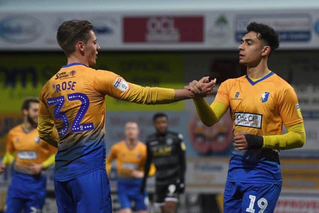 Picture Andrew Roe/AHPIX LTD, Football, EFL Sky Bet League Two, Mansfield Town v Macclesfield Town, One Call Stadium, 02/02/2019, K.O 3pm
Mansfield's Tyler Walker celebrates his goal with Danny Rose
Andrew Roe>>>>>>>07826527594