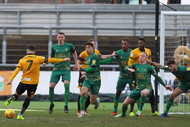 County's Robbie Willmott scores for the second time this week to give them the lead against Mansfield Town.