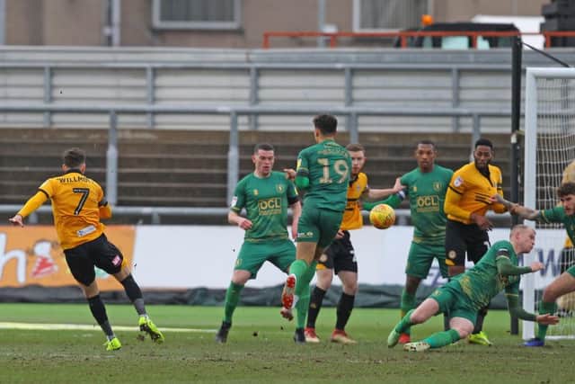 Picture by Gareth Williams/AHPIX.com; Football; Sky Bet League Two; Newport County v Mansfield Town; 9/2/2019 KO 15.00; Rodney Parade; copyright picture; Howard Roe/AHPIX.com; County's Robbie Willmott scores for the second time this week to give them the lead against Mansfield
