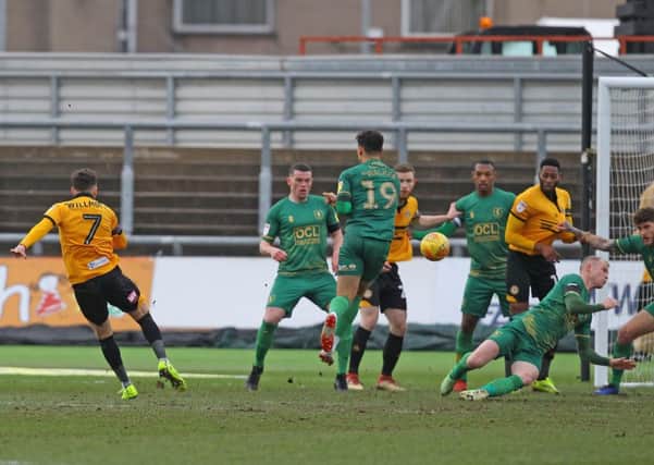 Picture by Gareth Williams/AHPIX.com; Football; Sky Bet League Two; Newport County v Mansfield Town; 9/2/2019  KO 15.00; Rodney Parade; copyright picture; Howard Roe/AHPIX.com; County's Robbie Willmott scores for the second time this week to give them the lead against Mansfield