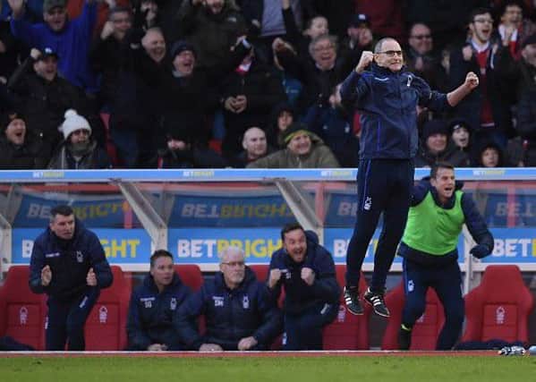 NOTTINGHAM, ENGLAND - FEBRUARY 09: Martin O'Neill of Nottingham Forest jumps in celebration as Molla Wague scores the second goal during the Sky Bet Championship match between Nottingham Forest and  Brentford at City Ground on February 09, 2019 in Nottingham, England. (Photo by Laurence Griffiths/Getty Images)