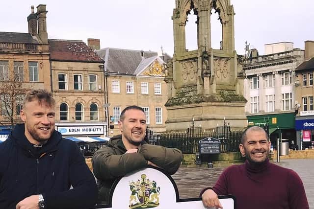 Top Gear hosts Freddie Flintoff, Paddy McGuinness and Chris Harris in Mansfield's Market Place.