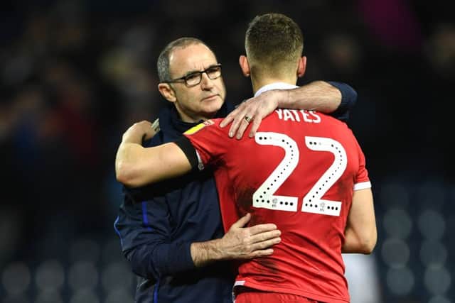 WEST BROMWICH, ENGLAND - FEBRUARY 12: Martin O'Neill, Manager of Nottingham Forest and Ryan Yates share a hug during the Sky Bet Championship match between West Bromwich Albion and Nottingham Forest at The Hawthorns on February 12, 2019 in West Bromwich, England. (Photo by Stu Forster/Getty Images)