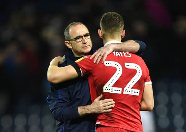 WEST BROMWICH, ENGLAND - FEBRUARY 12: Martin O'Neill, Manager of Nottingham Forest and Ryan Yates share a hug during the Sky Bet Championship match between West Bromwich Albion and Nottingham Forest at The Hawthorns on February 12, 2019 in West Bromwich, England. (Photo by Stu Forster/Getty Images)