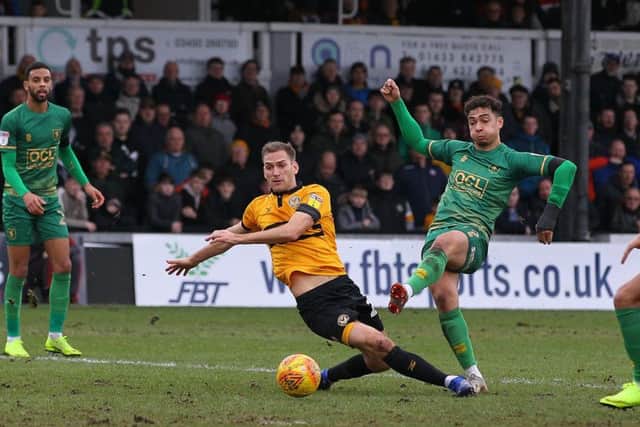Picture by Gareth Williams/AHPIX.com; Football; Sky Bet League Two; Newport County v Mansfield Town; 9/2/2019 KO 15.00; Rodney Parade; copyright picture; Howard Roe/AHPIX.com; Mansfield's Tyler Walker shoots but can't find enough power to beat County keeper Joe Day