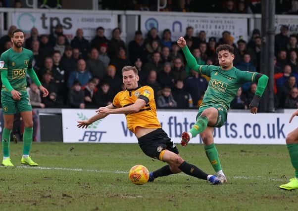 Picture by Gareth Williams/AHPIX.com; Football; Sky Bet League Two; Newport County v Mansfield Town; 9/2/2019  KO 15.00; Rodney Parade; copyright picture; Howard Roe/AHPIX.com; Mansfield's Tyler Walker shoots but can't find enough power to beat County keeper Joe Day