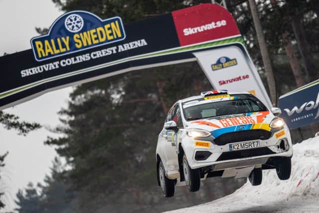 Mansfield co-driver Phil Hall flying high in Rally Sweden. (PHOTO BY: Ricardo Oliveira/M-Sport JWRC)