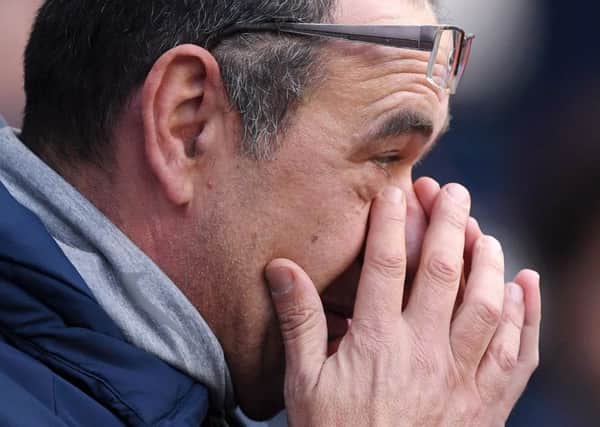 MANCHESTER, ENGLAND - FEBRUARY 10:  Maurizio Sarri, Manager of Chelsea looks on prior to the Premier League match between Manchester City and Chelsea FC at Etihad Stadium on February 10, 2019 in Manchester, United Kingdom.  (Photo by Laurence Griffiths/Getty Images)