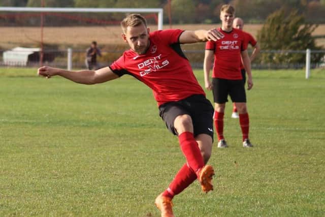 Gav King, who scored his 29th goal of the season for Ollerton Town. (PHOTO BY: DC Photography, Retford).