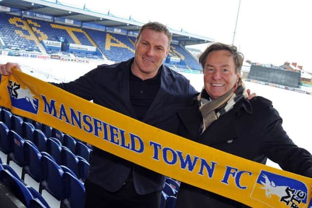 Mansfield Town owner, John Radford, with new manager David Flitcroft at the One Call Stadium press call a year ago.