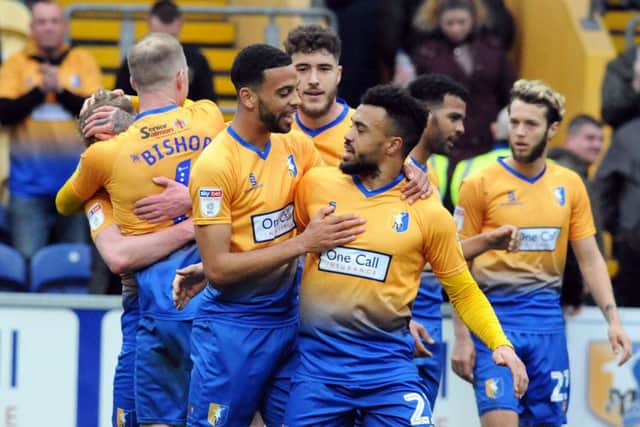 Stags celebrate CJ Hamilton's first goal.