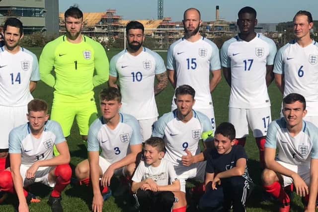 Goalkeeper Alex Smith, of Mansfield, lines up ewith the England deaf team.