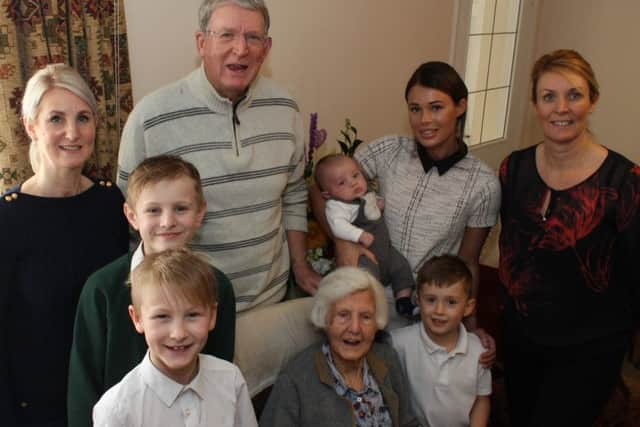 Margaret Rhodes celebrates her 105th birthday with the her family. From left to right, they are: grand-daughter Sally Dilks, great grandsons Oliver and Harry Dilks, son John Rhodes, great great grandson Arlo George Tranter, great grand-daughter Lauren Tranter, great grandson Louis Britton and grand-daughter Susie Rhodes Best
