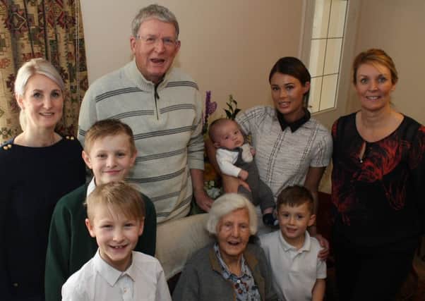 Margaret Rhodes celebrates her 105th birthday with the her family. From left to right, they are: grand-daughter Sally Dilks, great grandsons Oliver and Harry Dilks, son John Rhodes, great great grandson Arlo George Tranter, great grand-daughter Lauren Tranter, great grandson Louis Britton and grand-daughter Susie Rhodes Best