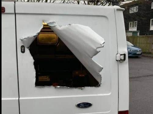 The force released a picture of a van in Bulwell, that thieves has cut into in order to steal power tools.