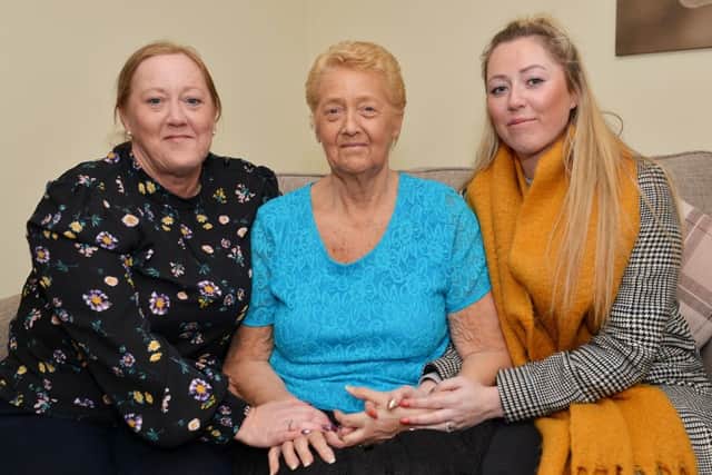 June Stirland was recently mugged in Hucknall, June is pictured centre with Daughter Annette Harvey and Granddaughter Abigail Hodson