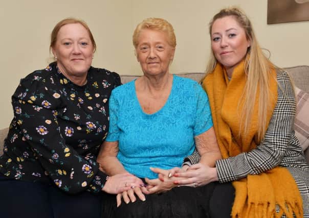 June Stirland was recently mugged in Hucknall, June is pictured centre with Daughter Annette Harvey and Granddaughter Abigail Hodson