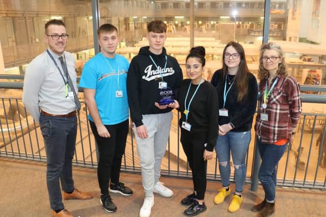 The winning West Nottinghamshire College team (from left): Adam Thompson (tutor), Archie Lewis, Joseph Riley, Sumanjit Jaur Johal, Holly Sears, Sallyann Winslow (progress mentor)