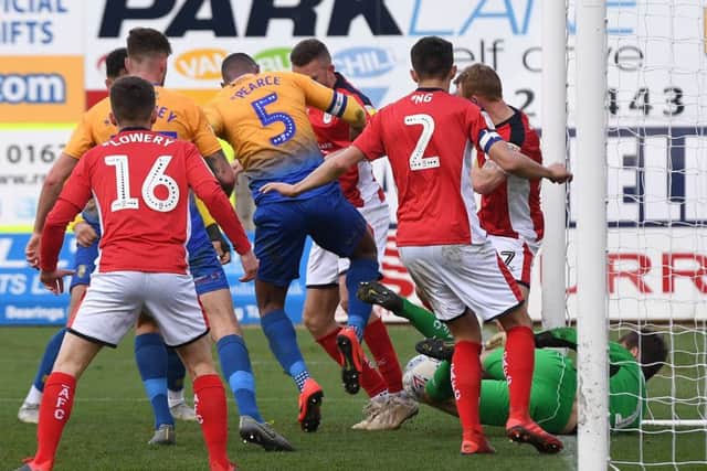 Picture Andrew Roe/AHPIX LTD, Football, EFL Sky Bet League Two, Mansfield Town v Crewe Alexandra, One Call Stadium, 23/03/2019, K.O 3pmMansfield's Krystian Pearce scoresAndrew Roe>>>>>>>07826527594