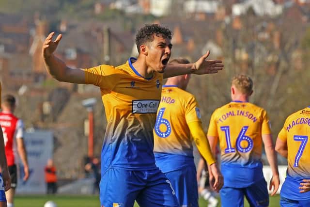 Picture by Gareth Williams/AHPIX.com; Football; Sky Bet League Two; Exeter City v Mansfield Town; 30/3/2019 KO 15.00; St James Park; copyright picture; Howard Roe/AHPIX.com; Mansfield's Tyler Walker celebrates after curling home to make it 3-1 at Exeter