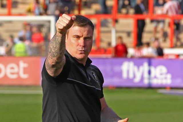 Picture by Gareth Williams/AHPIX.com; Football; Sky Bet League Two; Exeter City v Mansfield Town; 30/3/2019  KO 15.00; St James Park; copyright picture; Howard Roe/AHPIX.com; Stags boss David Flitcroft salutes a thumping victory at Exeter